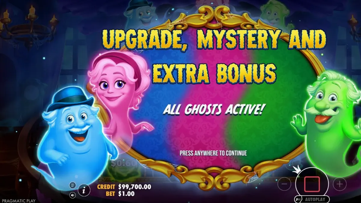 Tampilan visual slot Great Ghosts dengan tema rumah hantu kartun